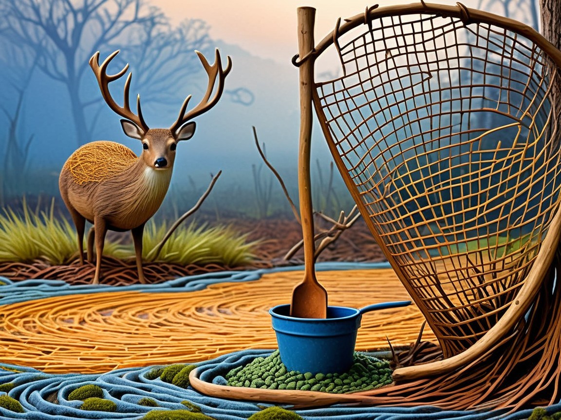 Serene landscape with deer, net, and colorful ground