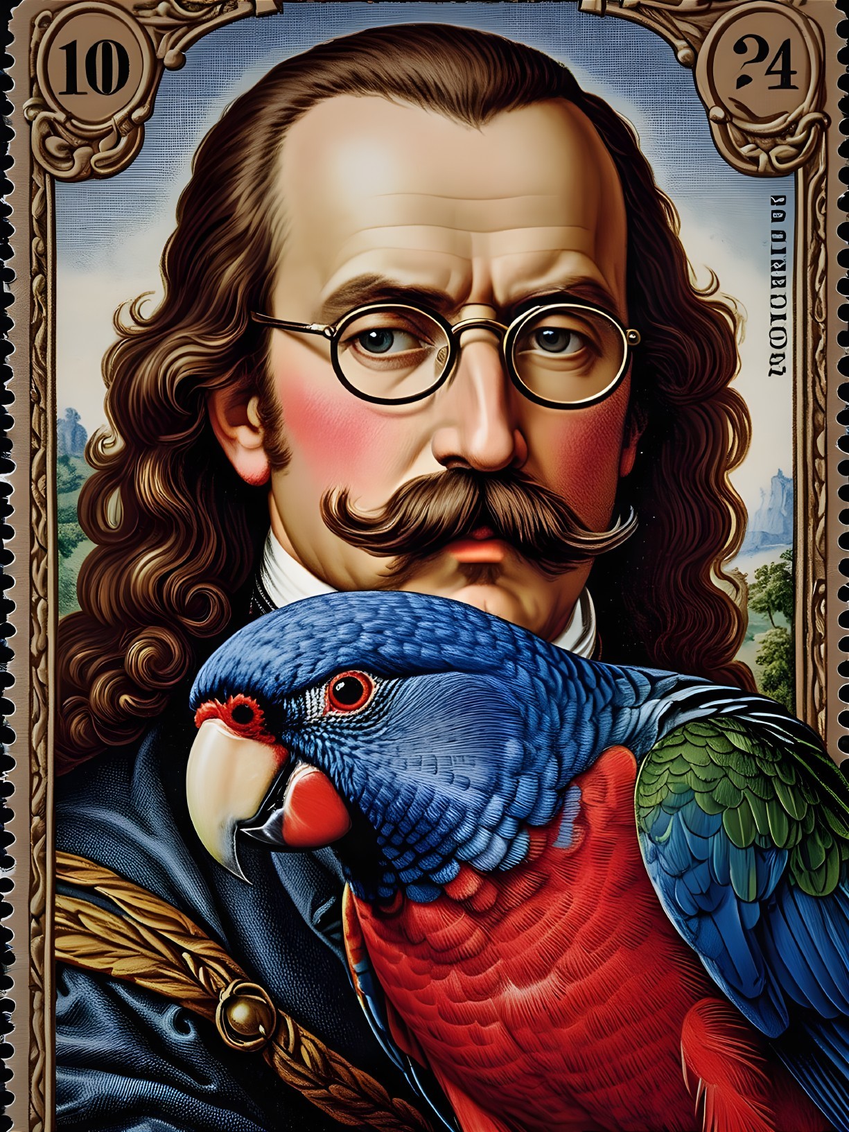 Distinguished Man with Parrot in Lush Greenery