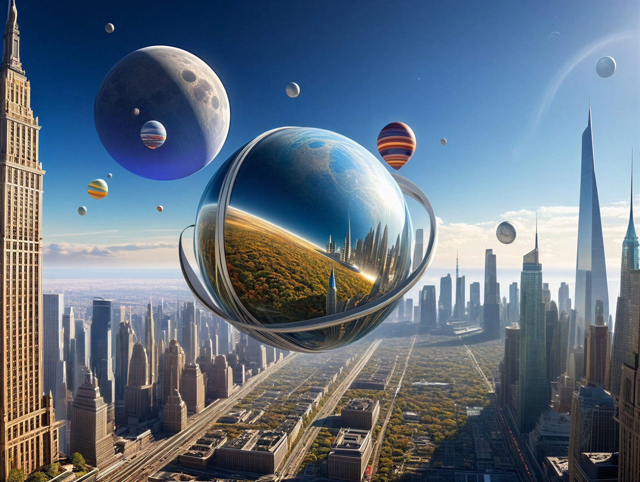 Futuristic cityscape with skyscrapers and celestial bodies