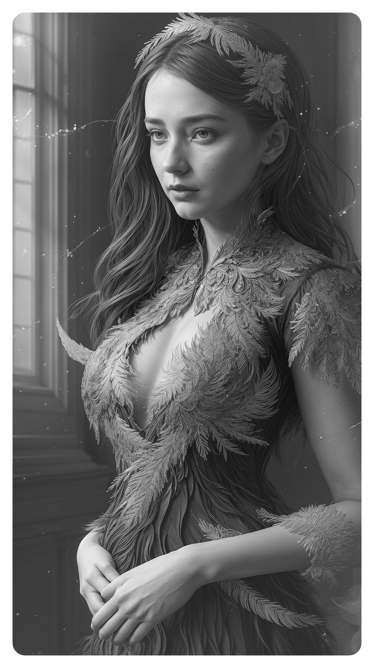 Monochrome Portrait of Woman in Leaf Dress