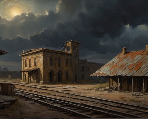 Desolate Railway Station Under Dramatic Sky
