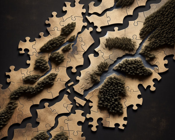 Aerial View of Fragmented Puzzle Scene with Nature Elements