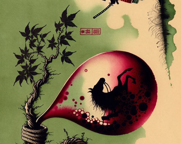 Samurai Silhouette with Abstract Nature Imagery