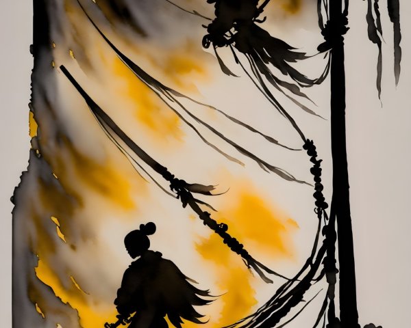Shadowy Figures in Dynamic Pose with Swords Drawn