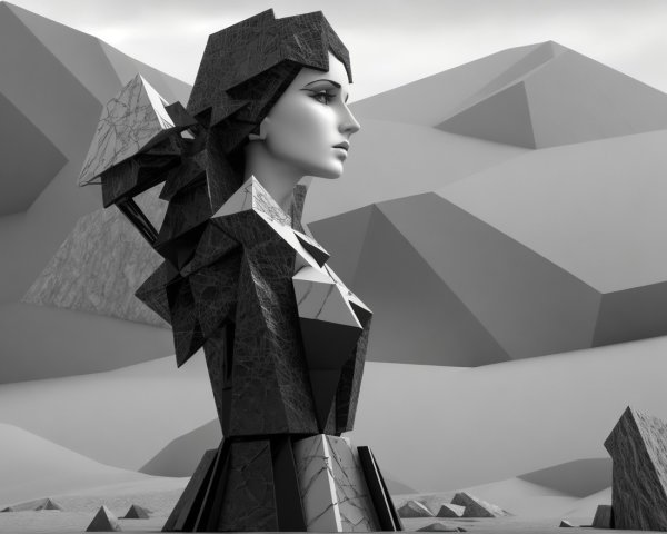 Stylized Angular Figure Against Abstract Mountain Landscape