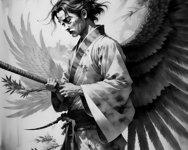 Samurai in Traditional Attire with Ethereal Wings