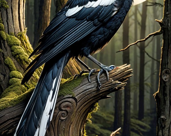 Black Bird with White Markings in Moonlit Forest