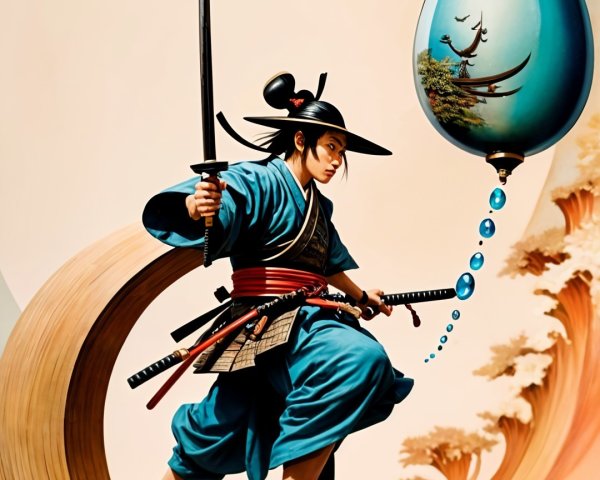 Dynamic Samurai Illustration with Waves and Clouds