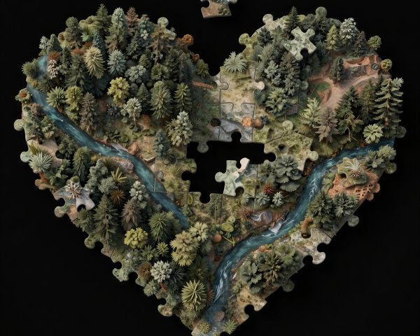 Heart-Shaped Landscape Puzzle with Forest and River