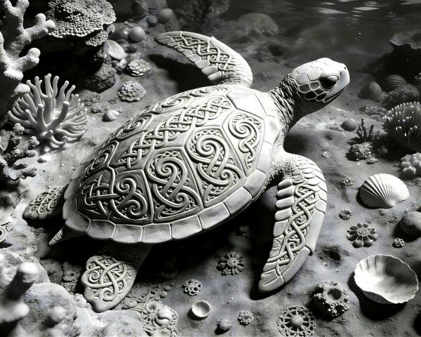 Grayscale Sea Turtle with Celtic Knot Patterns and Coral