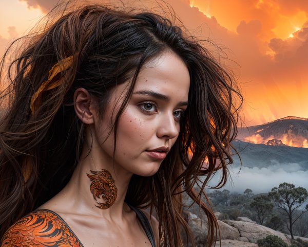 Young Woman with Tattoos Against Sunset Background