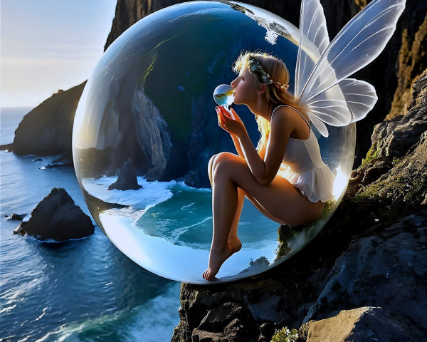 Fairy figure in a bubble on a rocky cliff by ocean