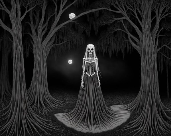 Skeletal Figure in a Dark, Eerie Forest Scene