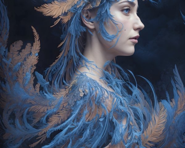 Profile of a woman with blue and gold feather headpiece