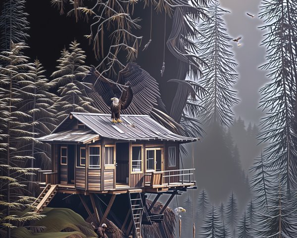 Rustic Wooden Cabin Among Misty Pine Trees