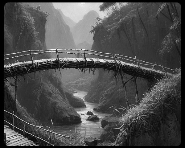 Monochrome Landscape with Bamboo Bridge and River
