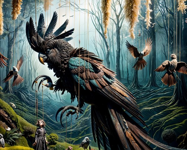 Surreal Forest with Carved Wooden Parrot and Girl