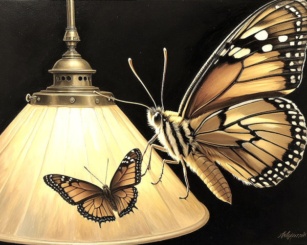 Butterflies by a Warmly Glowing Lamp in a Painting