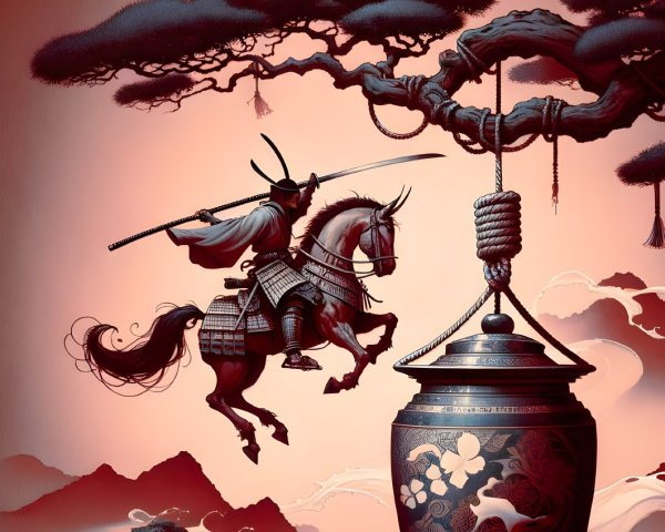 Warrior on Horseback with Spear Amidst Ethereal Mountains