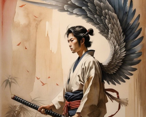 Lone Samurai with Katana and Feathered Wings