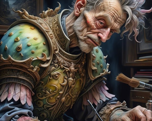 Elderly Man Painting at Wooden Table in Dim Light
