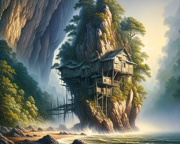Surreal Landscape with Wooden House on Cliff Overlooking Sea