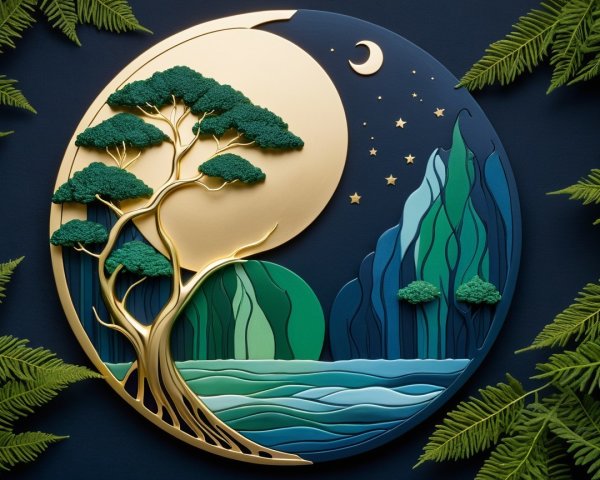 Stylized landscape with tree, moon, and serene night sky