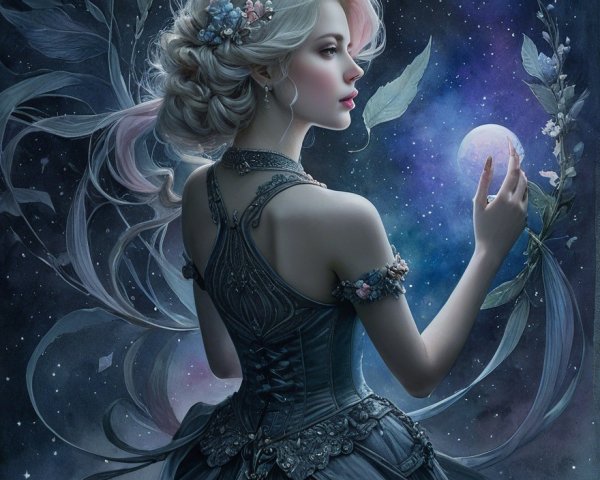 Mystical Scene of a Woman in Elegant Gown Under Moonlight