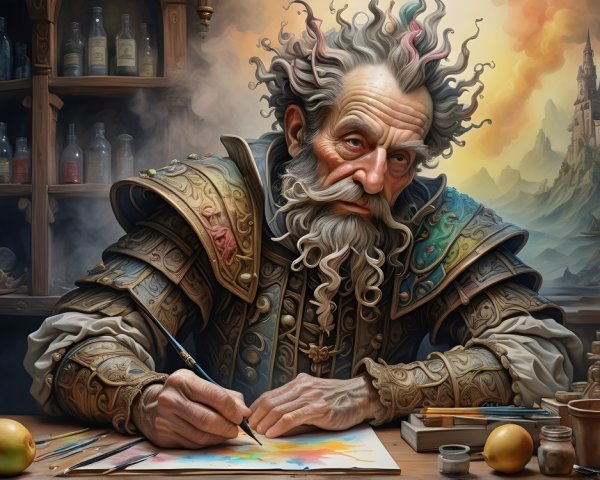 Elderly artist painting in a magical creative space