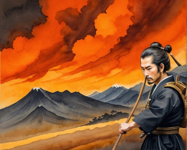 Warrior in Black Attire with Sword in Dramatic Landscape
