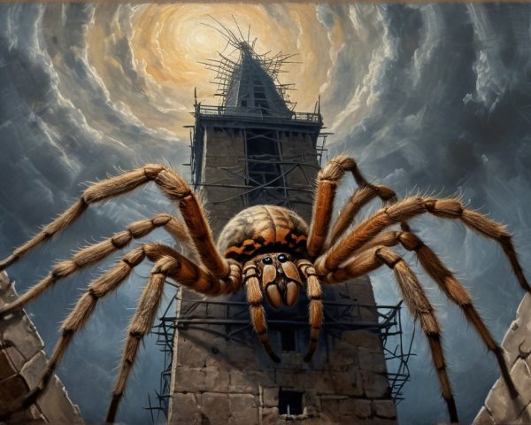 Giant Spider Overlooks Ruined Tower Under Dark Clouds