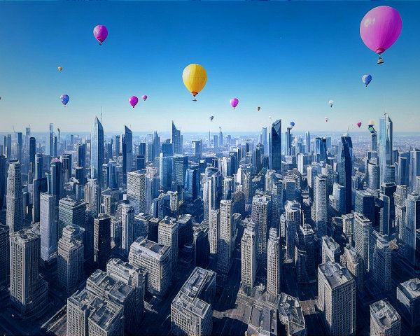 Colorful Hot Air Balloons Above City Skyline