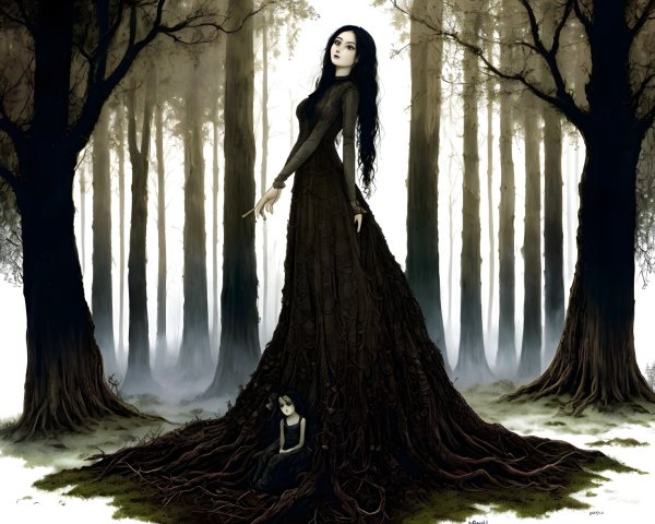 Ethereal Figure in Black Gown in Mystical Forest