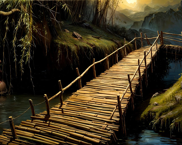 Serene Landscape with Wooden Bridge and Mystical Face