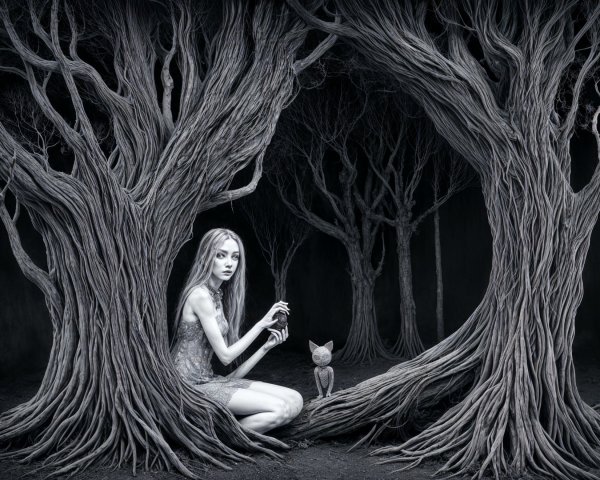 Surreal Scene of a Woman and Cat in Monochromatic Forest