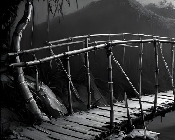Monochromatic Landscape with Bamboo Bridge and Mist