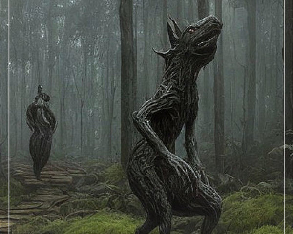Eerie Figures in a Misty Forest Setting