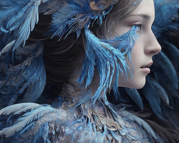 Serene Figure in Intricate Blue Feathered Attire