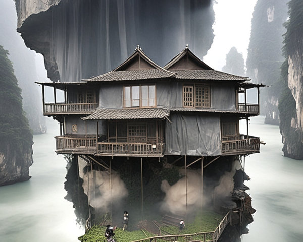 Surreal Floating House Surrounded by Misty Waters