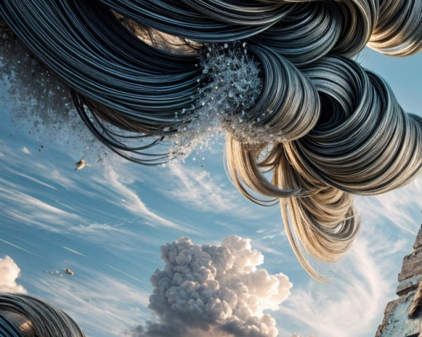 Surreal Landscape with Metallic Waves and Ruins