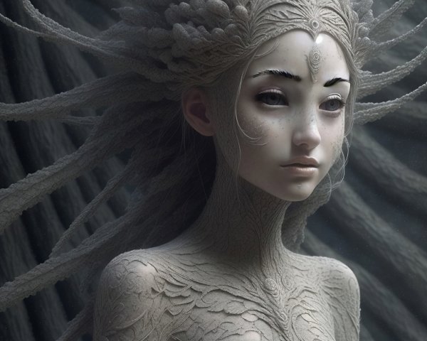 Mystical Figure with Textured Skin and Ethereal Features