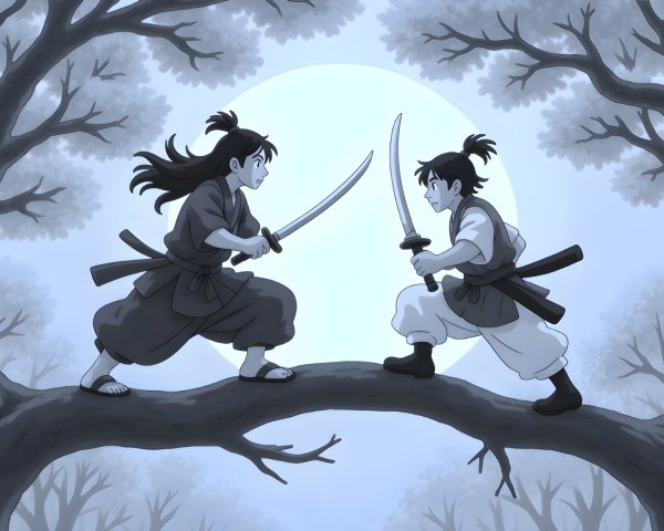 Animated Characters in Battle on a Tree Branch