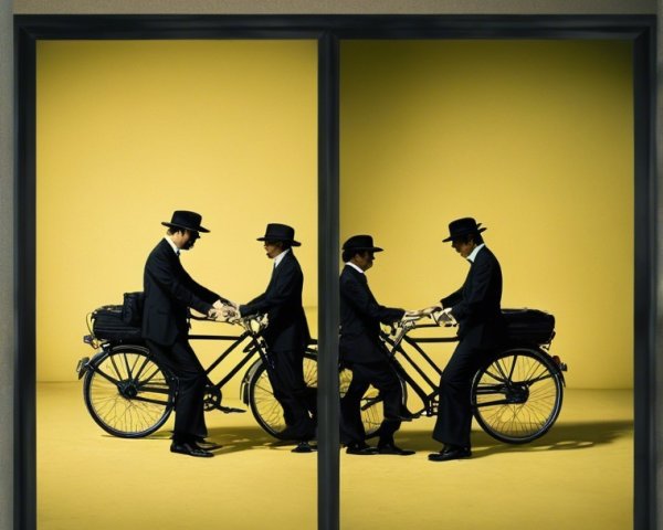 Figures in Black Suits with Vintage Bicycle Scene