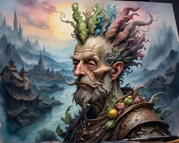 Whimsical Elderly Man in Colorful Nature-Inspired Attire