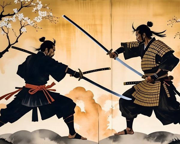 Samurai Duel with Traditional Armor and Cherry Blossoms
