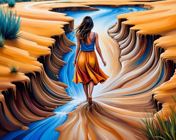 Woman Walking Barefoot in a Serene River Landscape