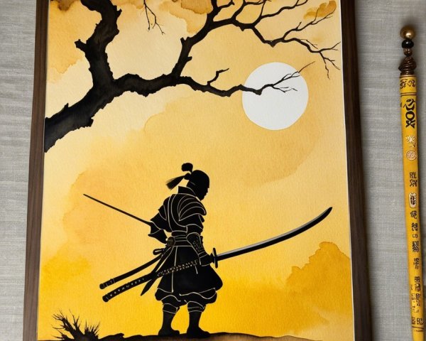 Samurai Silhouette in Serene Sunset Landscape