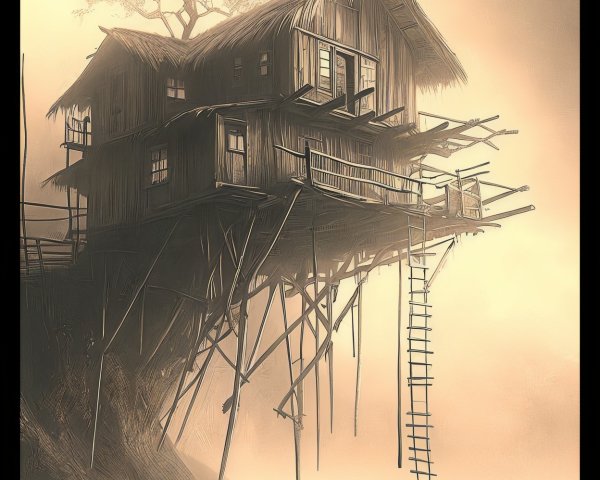 Mystical Wooden House on Stilts by Foggy Coastline