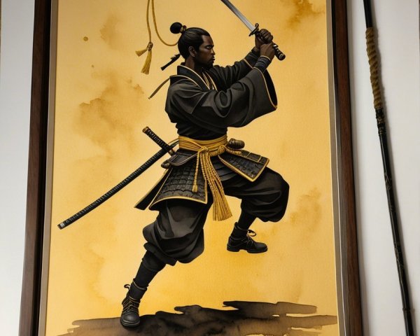 Dynamic Samurai Depiction with Katana and Gold Background