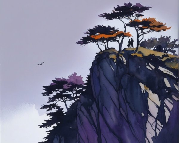 Watercolor Landscape of Cliff with Silhouetted Trees